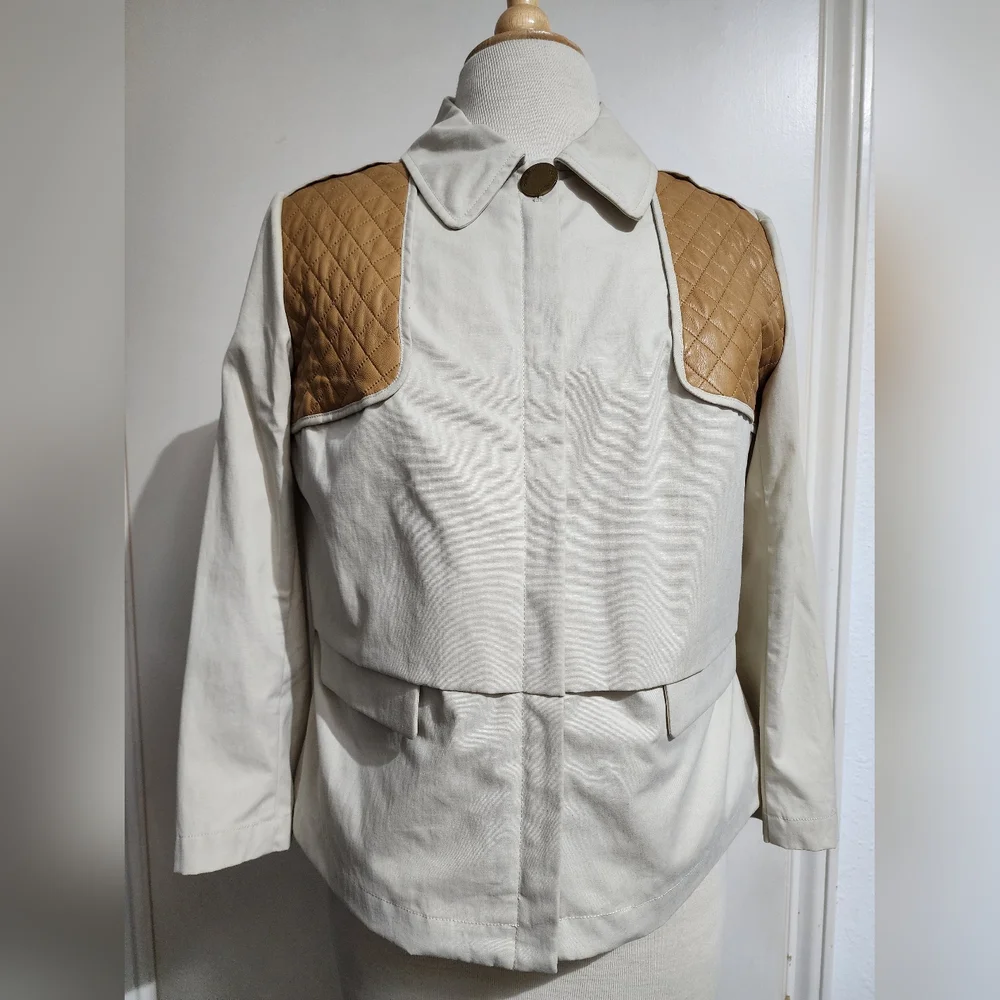 Tory Burch Regina Jacket  Quilted Vest Tan Zip Front Leather Trim M